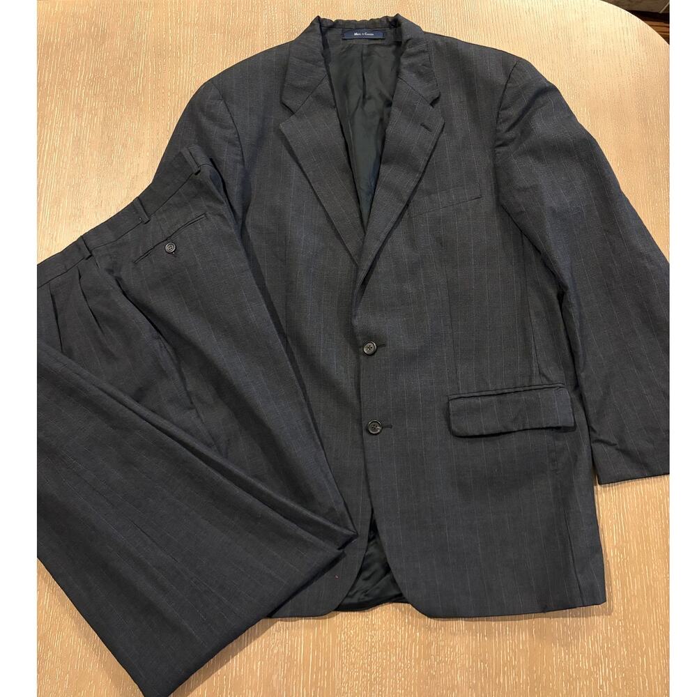 Chaps Ralph Lauren 44L Gray Pinstripe Wool Pleated 36 x 31Pants Jacket 2 Pc Suit